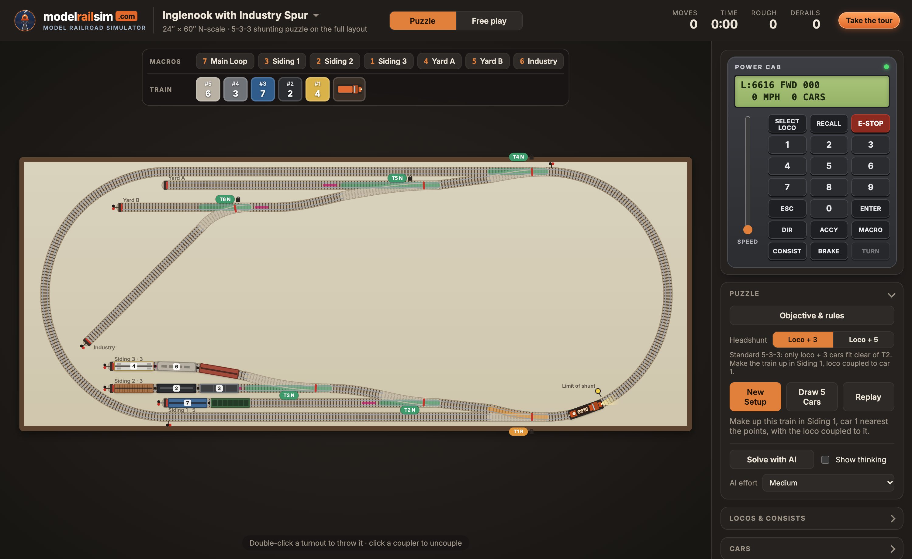 The Inglenook with Industry Spur layout in modelrailsim: an oval main line with sidings, a puzzle train shown in the top bar, and the Power Cab throttle on the right.